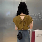 French Sweet Flying Sleeve T-Shirt Girl 2025 Summer New Back Bow Knot Chic Beautiful Little Blouse
