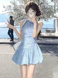 Blue Wave Point Sleeveless Hanging Neck Dress Women Summer 2026 New Korean Temperament Small Tidal Boa Tidal Short Skirt