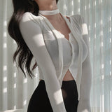 South Korea's Autumn And Winter New Temperament Slim Body Ribbon Dress Design Tight Short Small Cardigan T-Shirt Woman