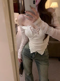 One-Word Shoulder Long-Sleeved Mesh Spliced T-Shirt For Women's Autumn And Winter Pure Sexual Butterfly Slaying Hottie Short White Top