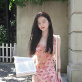 French Pink Floral Sling Dress Women's Summer 2025 New Small Temperament To Collect Waist Holiday Dress