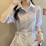 Striped Women's Shirt French Short-Sleeved Temperament Shirt Size 2026 Waist Thin Top Coat Large Size High-End Women's Clothing