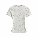 Kardashian Floral Round Neck Tight Short-Sleeved T-Shirt 2026 Summer New Slimming Waist Straight Shoulder Coat