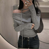 South Korea's New Autumn French Retro Design Pure Lusty Shoulder Temperament Thin With Long-Sleeved T-Shirt Girl