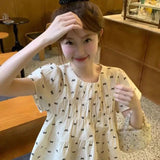 French Round-Neck Bow Bow Print Short-Sleeved Shirt Women's Clothing 2025 Summer Fold Reduction Loose Coat Bubble Sleeve