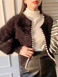 2026 Small Fragrant Wind Pearl Imitation Water Velvet Cardigan Women Autumn And Winter Short Small Soft Plush Knitted Coat