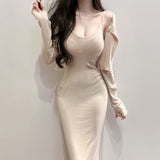 V-Necked Long Dress + Open Fork Outer Set Korea Dongdaemun New Slimmed Dress With A Hip Dress
