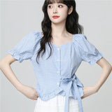 French Blue Collar Plaid Shirt Women's Summer 2026 Summer New Bubble Sleeves With Shirt Short Top