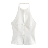 Summer New Hanging Neck Bows Decorated Solid Color Top 4772009