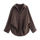Spring 2025 New Women's Cotton Bat Sleeve Striped Clip Long Sleeve Shirt 2025458