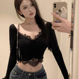 Direct-Operated Hottie Sexy Lace Spliced Short Top Pure Lustful Long-Sleeved T-Shirt T-Shirt Girl