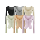 Lyselle V-Neck Button Long-Sleeved T-Shirt Girl Summer Slimming Pure Sexny Chest Bottom Top