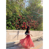 2025 New Leisure Temperament To Collect Waist Thin Spliced Red Lattice Long Sling 14 Meters Dress Dress Woman