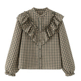 Spring New Cotton Long Sleeve Small Plaid Cascade Decoration Shirt 3666053
