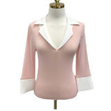 Spring And Summer New Temperament V-Neck Open Forked Seven-Sleeve Shirt Blouse Han T-Shirt To Show Body Bottom T-Shirt Girl
