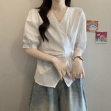 Irregular V-Neck Summer Large-Size Fat Mm Exclusive White Short-Sleeved Shirt Showing Thin Unique Waist Design Top
